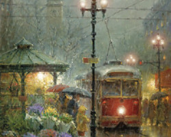 Картина маслом городской пейзаж в дождь