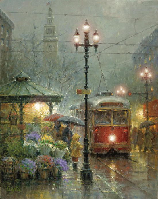 Картина маслом городской пейзаж в дождь - Осень