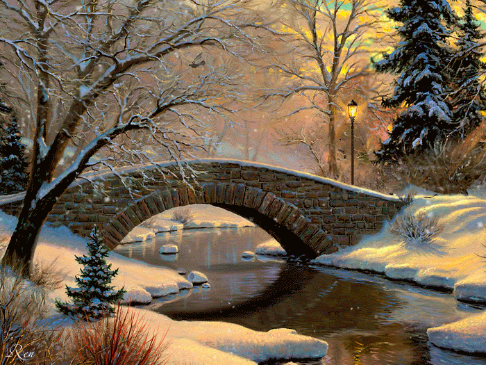 Зимний пейзаж с мостом - Зима